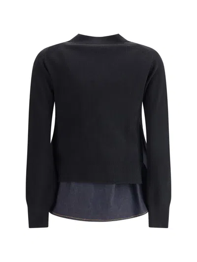 Sacai Cardigan With Denim Panel In Black