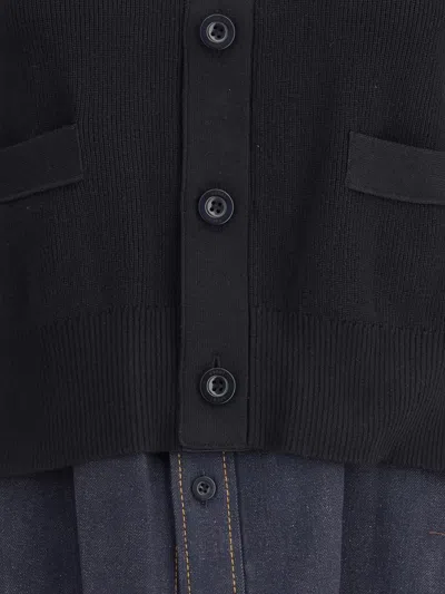 Sacai Cardigan With Denim Panel In Black