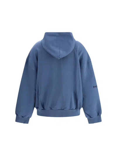 Balenciaga Cotton Sweatshirt With Front Pockets And Hood In Blue