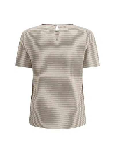 Brunello Cucinelli Striped Crew Neck T-shirt With Keyhole Detail In Neutral