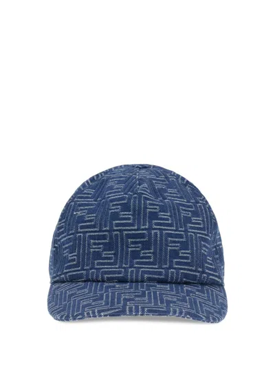 Fendi Men Embroidered Denim Baseball Cap In Blue
