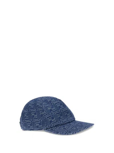 Fendi Men Embroidered Denim Baseball Cap In Blue