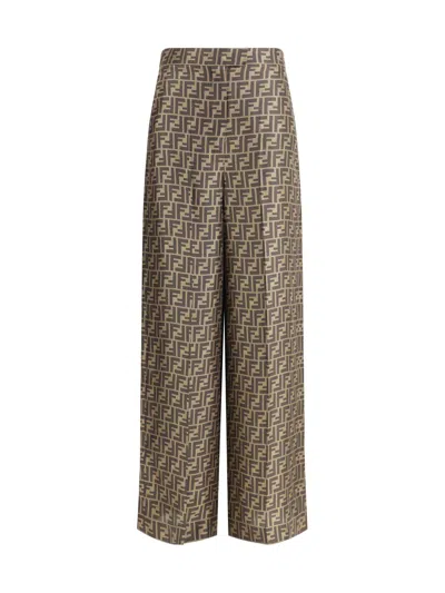 Fendi Ff Silk Twill Wide Leg Trousers Clothing In Brown