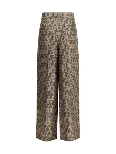 Fendi Ff Silk Twill Wide Leg Trousers Clothing In Brown
