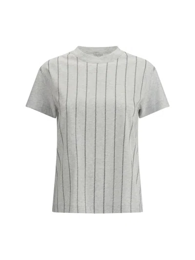 Brunello Cucinelli Women Striped T-shirt With Mini Sequins In Gray