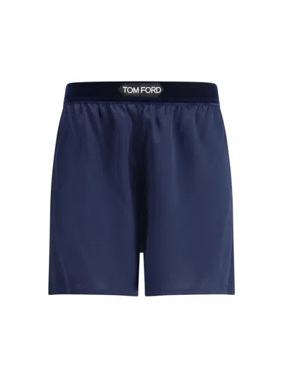 Tom Ford Silk Shorts With Elasticated Waistband And Satin Finish In Blue
