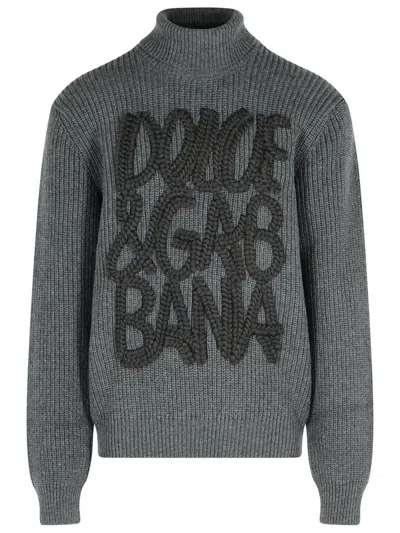 Dolce & Gabbana Ribbed Texture Wool Turtleneck Sweater In Gray