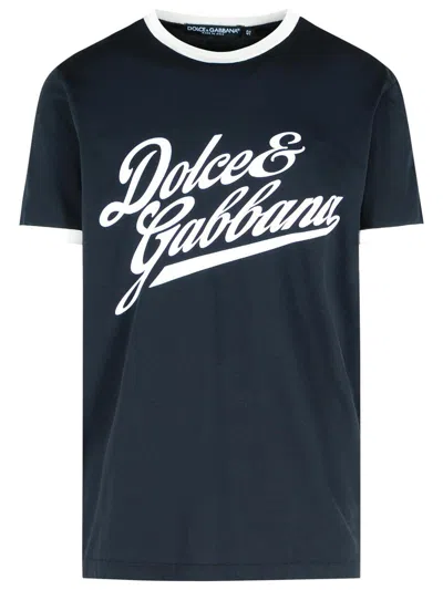 Dolce & Gabbana T-shirt With A Logo And A Velvet Finish In Blue