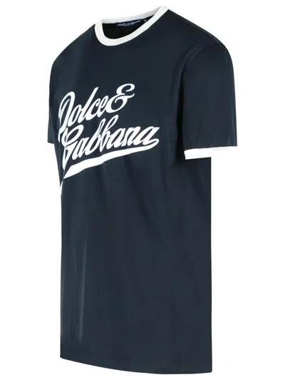 Dolce & Gabbana T-shirt With A Logo And A Velvet Finish In Blue
