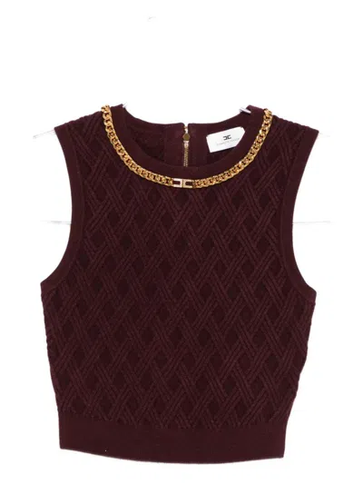 Elisabetta Franchi Cardigan In Maglia A Rombi Con Dettaglio Gioiello Bordeaux In Red