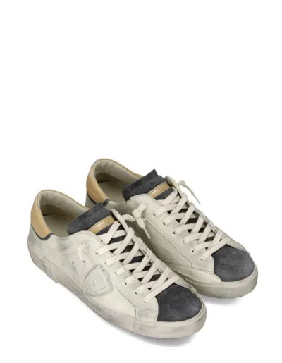 Philippe Model Low Top Leather Sneakers With Suede Accents In White
