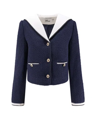 Self-portrait Contrasting Collar Wool Blend Bouclé Jacket In Blue