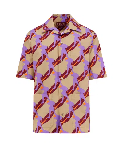 Gucci Bowling Cotton Popeline Shirt With All-over Surfer Print In Multi