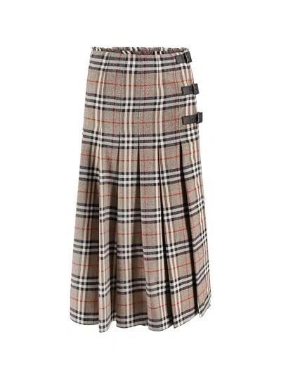 Burberry Check Print Wool Long Skirt With Fringed Profiles In Multi