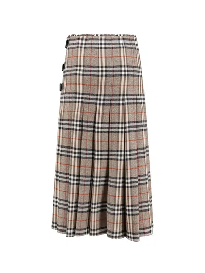 Burberry Check Print Wool Long Skirt With Fringed Profiles In Multi