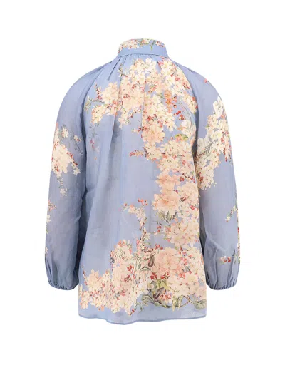 Zimmermann Cascadian Lace-trimmed Floral-print Ramie Blouse In Blue