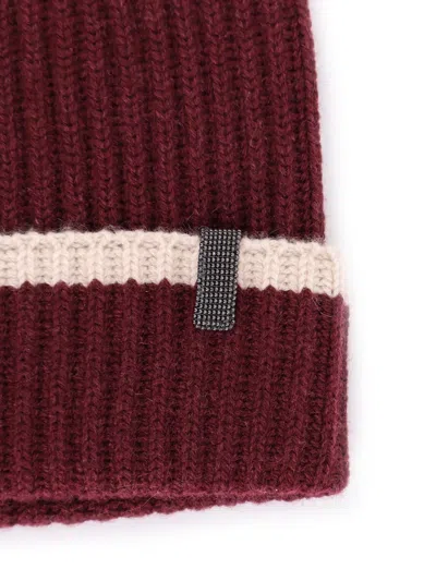 Brunello Cucinelli Cashmere Hat Monili Detail Fold Ribbed Knit In Brown