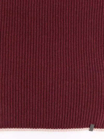 Brunello Cucinelli Ribbed Cashmere Scarf Contrast Trim In Red