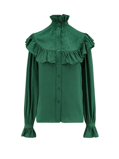 Saint Laurent Ruffled Yoke High-neck Blouse In Gray