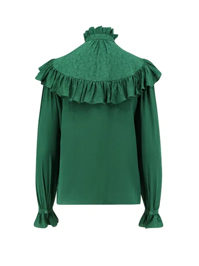 Saint Laurent Ruffled Yoke High-neck Blouse In Gray