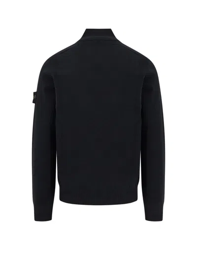 Stone Island High Collar Pullover With Buttoned Placket And Logo Patch In Blue
