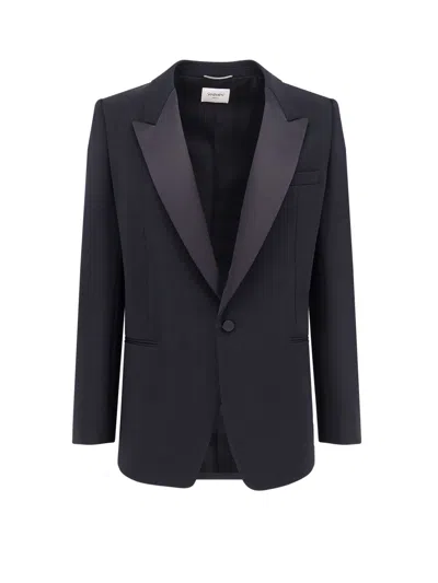 Saint Laurent Certified Wool Blazer With Satin Lapel In Multi