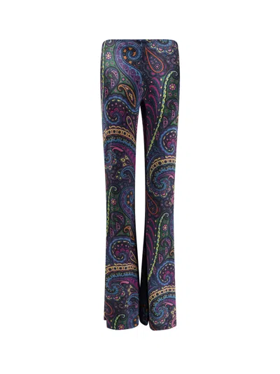 Etro Chenille Trousers With Multicolor Print In Blue