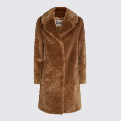 Herno Longline Faux Fur Notched Lapel Single-breasted Coat In Brown