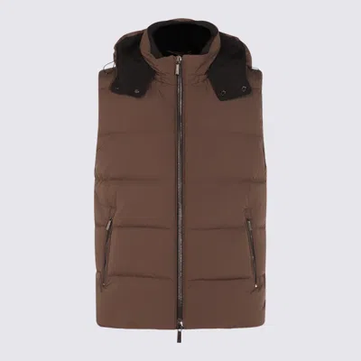 Moorer Hooded Quilted Down Jackets With Side Zip Pockets In Brown