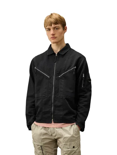 C.p. Company Cotton And Linen Shirt With Zip Closure In Black