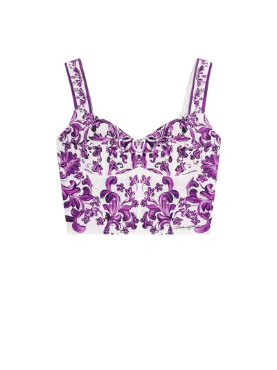 Dolce & Gabbana Violet Top With Sweetheart Neckline And All-over Graphic Print In Multi