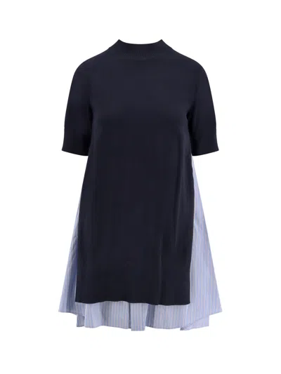 Sacai Cotton Dress With Fabric Inserts In Black