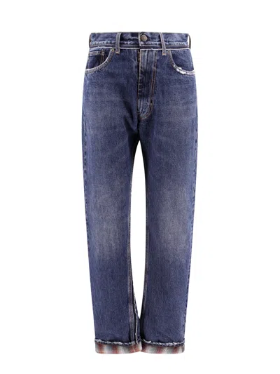 Maison Margiela Men Cotton Jeans With Wool Madras Details In Blue