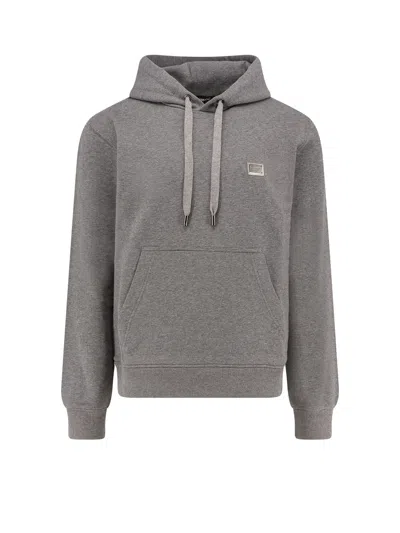 Dolce & Gabbana Cotton Sweatshirt With Iconic Metal Logo Plate In Gray