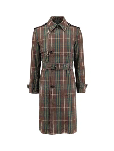 Burberry Vintage Effect Checked Trench Coat With Belt In Multi