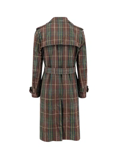 Burberry Vintage Effect Checked Trench Coat With Belt In Multi