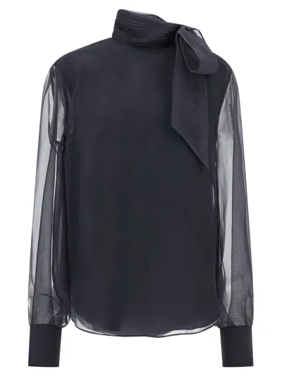 Brunello Cucinelli Crispy Silk Blouse Shirt And Blouse Gray In Blue