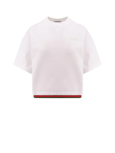 Gucci Crop Cotton Sweatshirt With Web Profiles In White