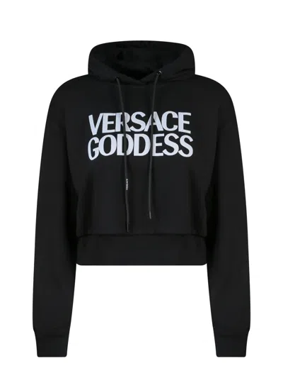 Versace Cropped Cotton Hoodie With Ribbed Finish In Black