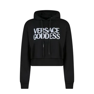 Versace Cropped Cotton Hoodie With Ribbed Finish In Black
