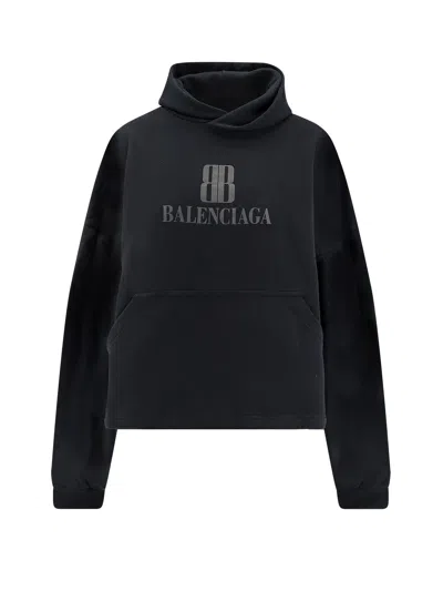 Balenciaga Hooded Design Cropped Cotton Sweatshirt In Black