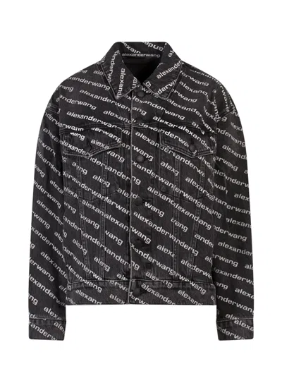Alexander Wang Denim Jacket With All-over Logo In Black