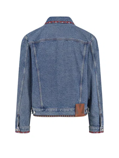 Valentino Garavani Men Beaded Embroidery And Printed Edges Denim Jacket In Blue