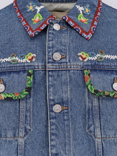 Valentino Garavani Men Beaded Embroidery And Printed Edges Denim Jacket In Blue