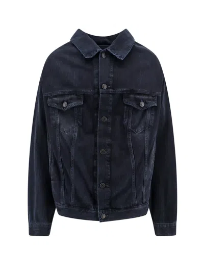 Balenciaga Denim Off Shoulder Jacket With Logoed Buttons In Blue