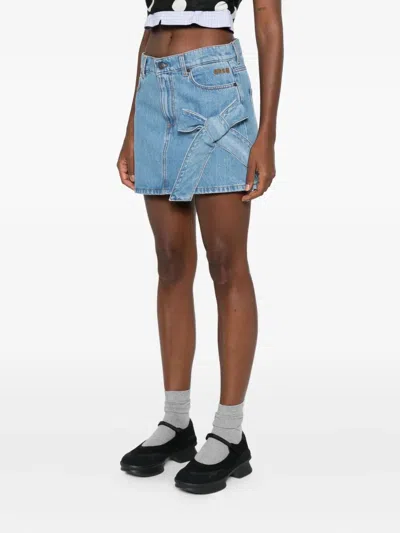 Msgm Bow-detail Denim Mini Straight Skirt In Blue