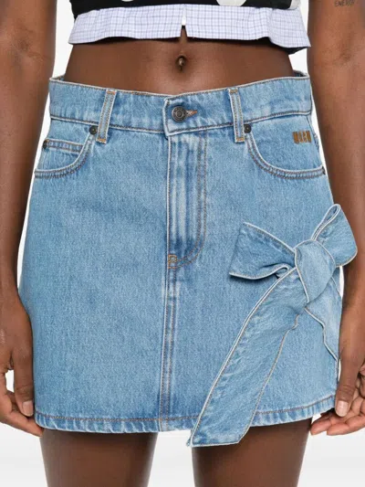 Msgm Bow-detail Denim Mini Straight Skirt In Blue