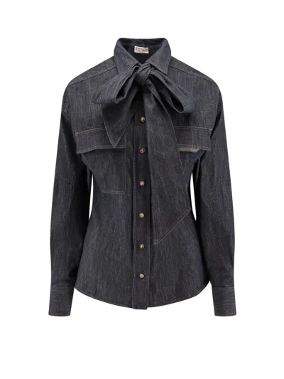 Brunello Cucinelli Long-sleeved Denim Shirt With Bow In Blue