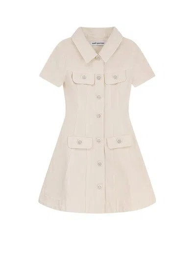 Self-portrait Fitted Cotton Mini Dress With Classic Collar In Neutral