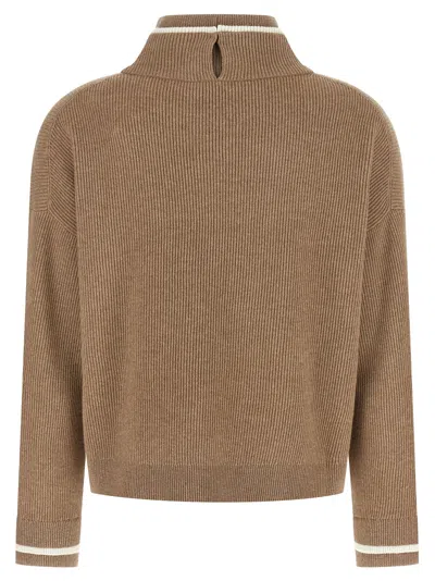 Brunello Cucinelli Ribbed Mock Neck Sweater With Contrast Trim In Brown